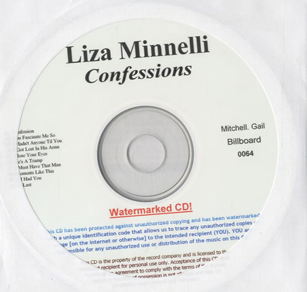 Liza Minnelli Confessions US Promo CD-R acetate CD-R ACETATE