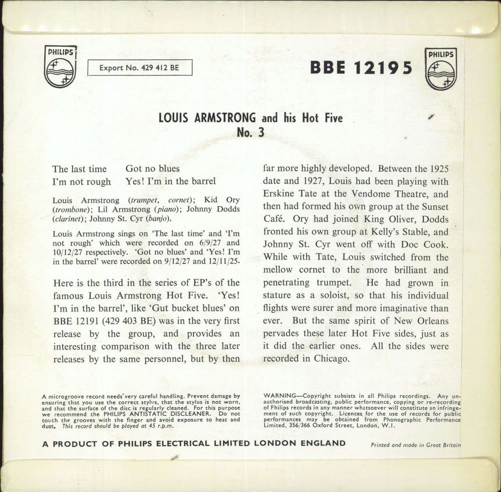 Louis Armstrong Louis Armstrong And His Hot Five No. 3 UK 7" vinyl single (7 inch record / 45)