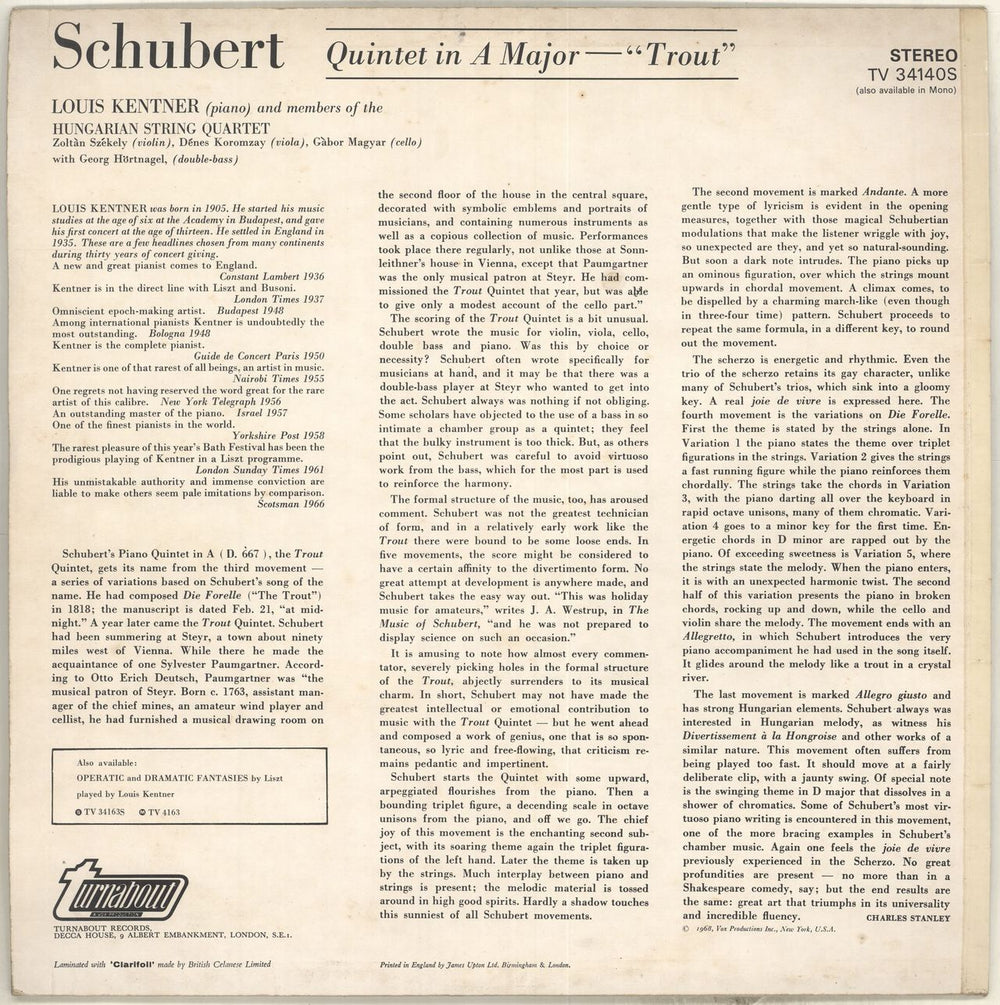 Louis Kentner Schubert: Trout Quintet D. 667 UK vinyl LP album (LP record)