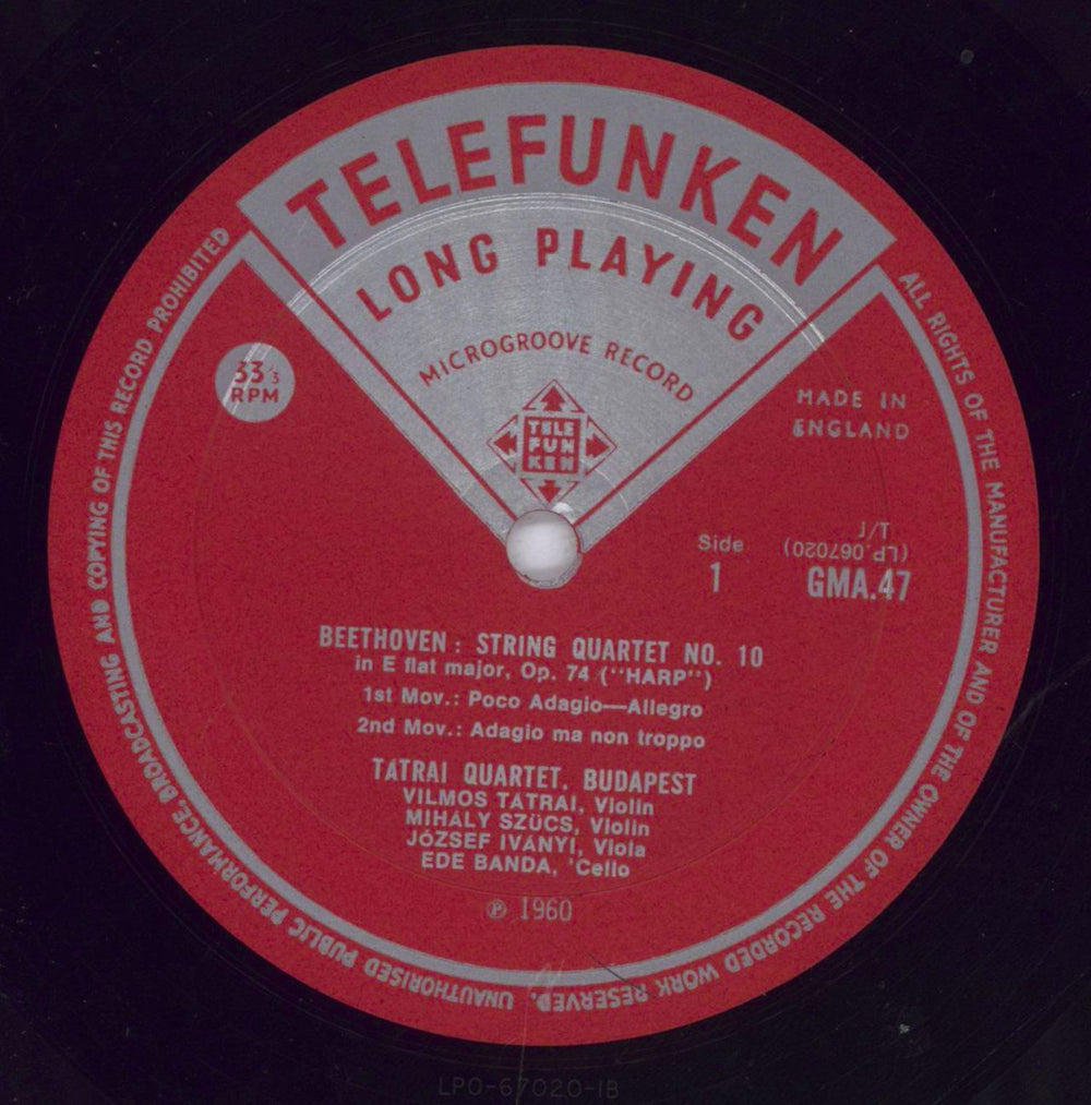 Ludwig Van Beethoven String Quartet No. 10 UK vinyl LP album (LP record) LVBLPST830484