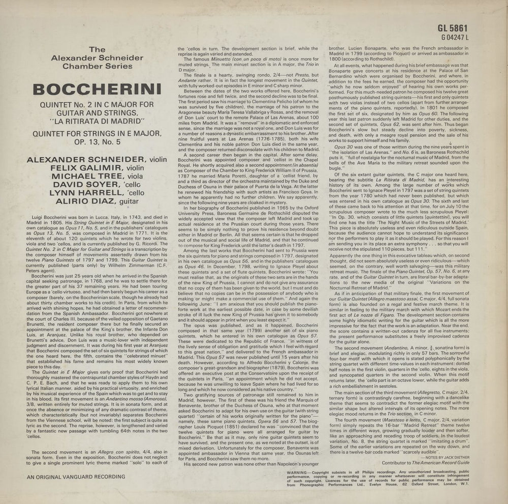Luigi Boccherini Quintet No. 2 In C Major For Guitar And Strings / Quintet For Strings In E Major, Op.13 No.5 UK vinyl LP album (LP record)