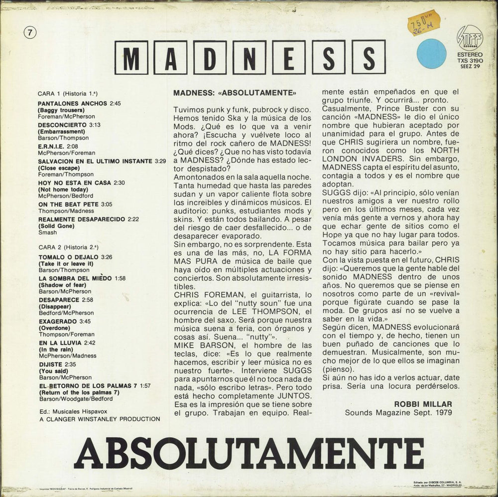 Madness Absolutamente Spanish vinyl LP album (LP record)