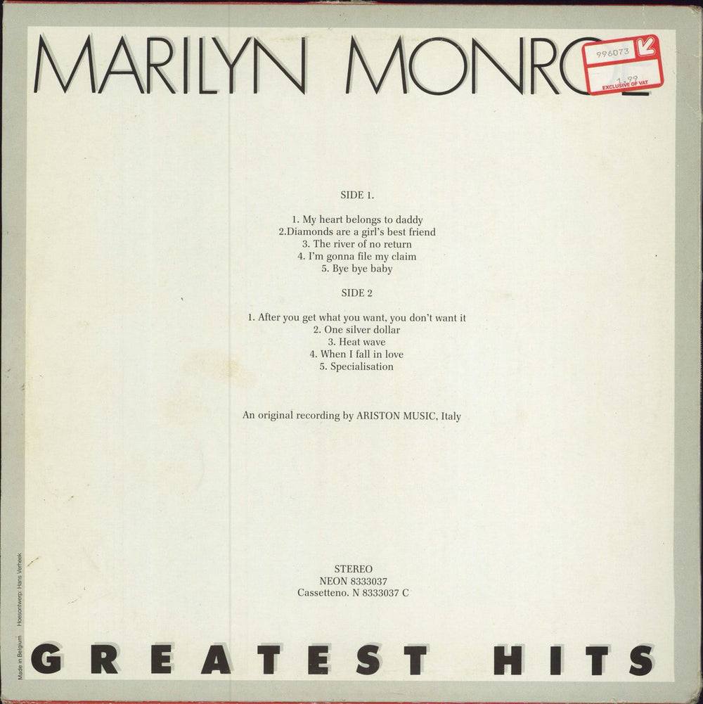 Marilyn Monroe Greatest Hits Belgian vinyl LP album (LP record)