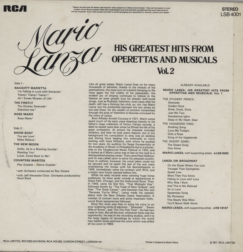 Mario Lanza His Greatest Hits From Operettas And Musicals Vol. 2 UK vinyl LP album (LP record)