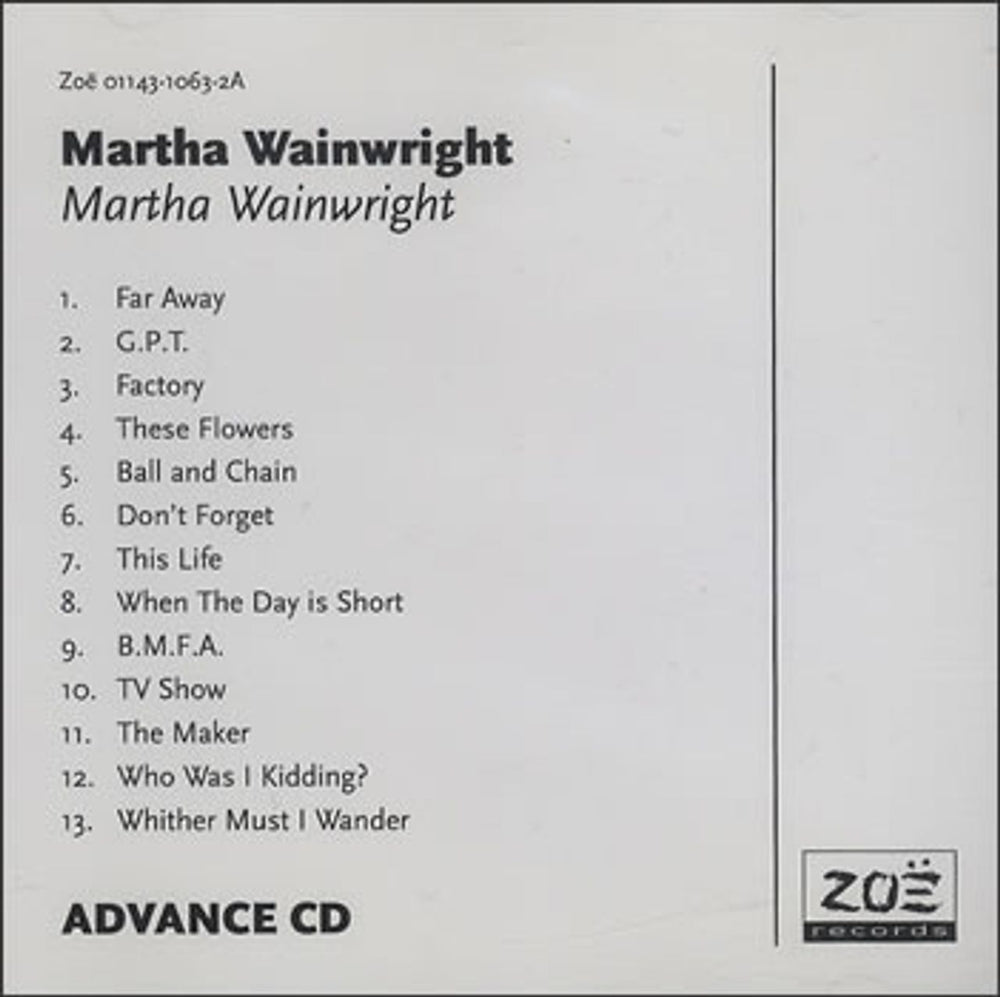 Martha Wainwright Martha Wainwright US Promo CD album (CDLP) 01143-1063-2A