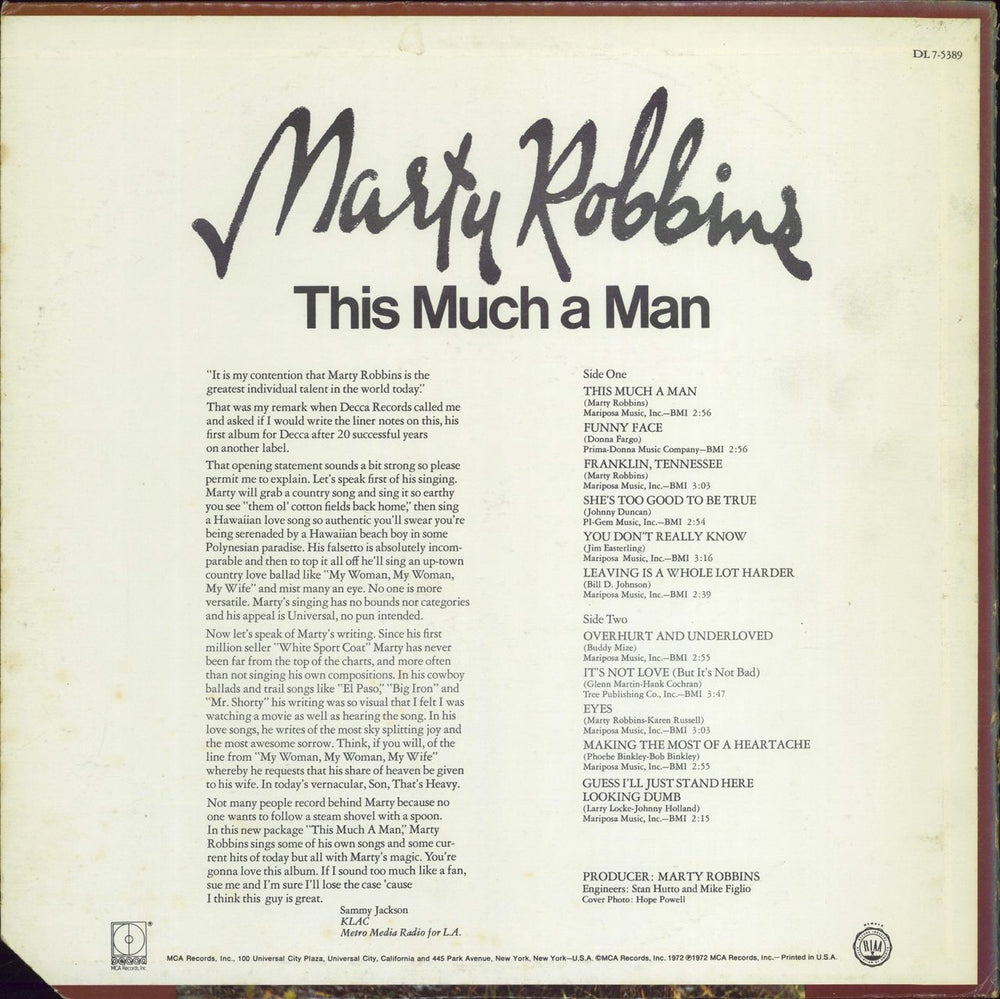 Marty Robbins This Much A Man US vinyl LP album (LP record)