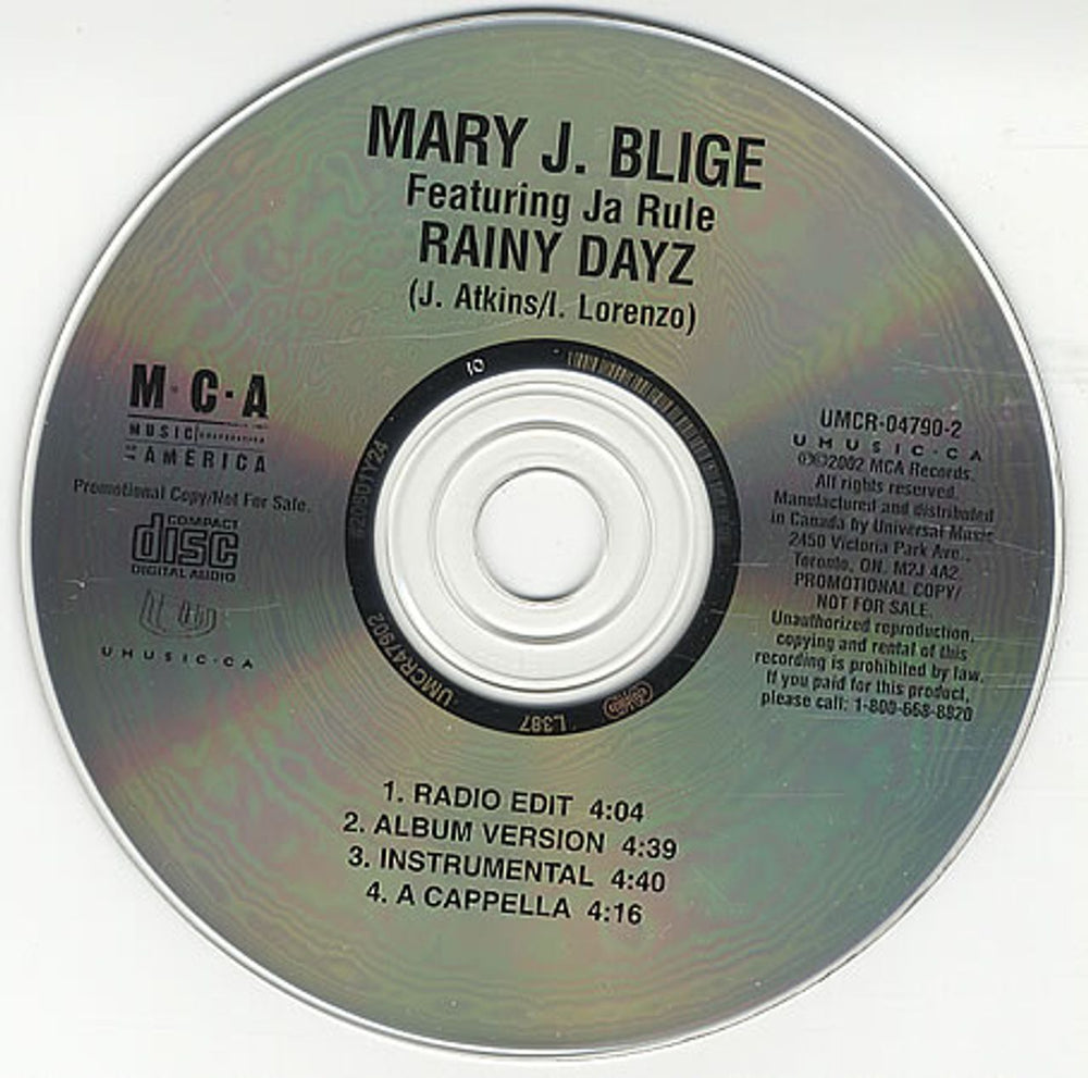 Mary J Blige Rainy Dayz Canadian Promo CD single (CD5 / 5") UMCR-04790-2