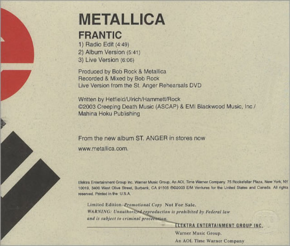 Metallica Frantic US Promo CD single (CD5 / 5") METC5FR255471