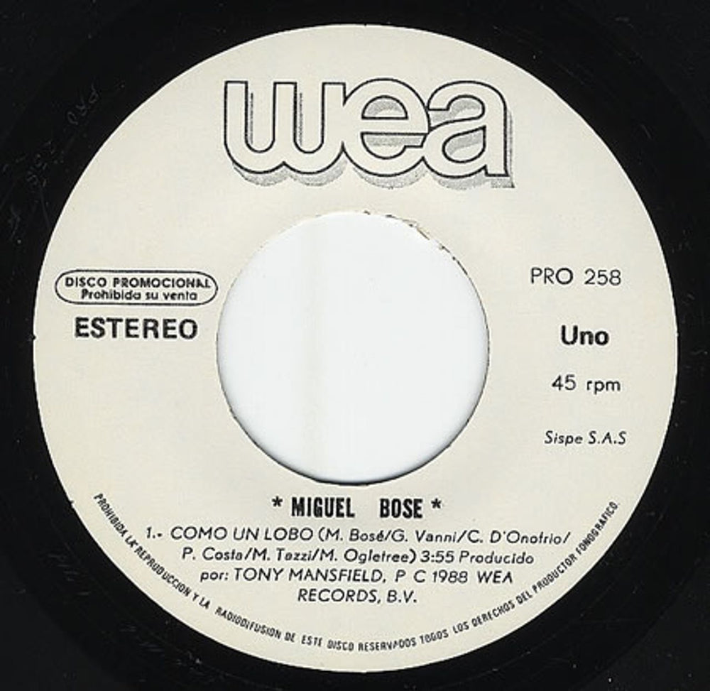 Miguel Bose Como Un Lobo Mexican Promo 7" vinyl single (7 inch record / 45) PRO-258