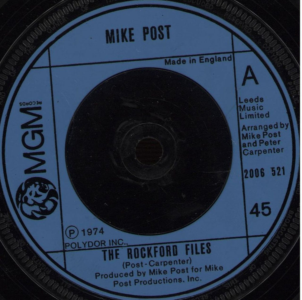 Mike Post The Rockford Files - Blue injection UK 7" vinyl single (7 inch record / 45) 2006521