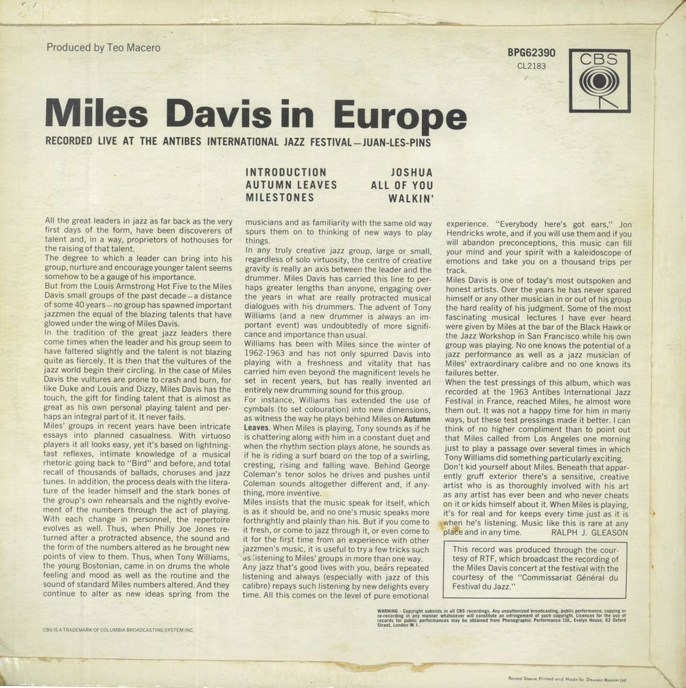 Miles Davis In Europe - 2nd UK vinyl LP album (LP record)