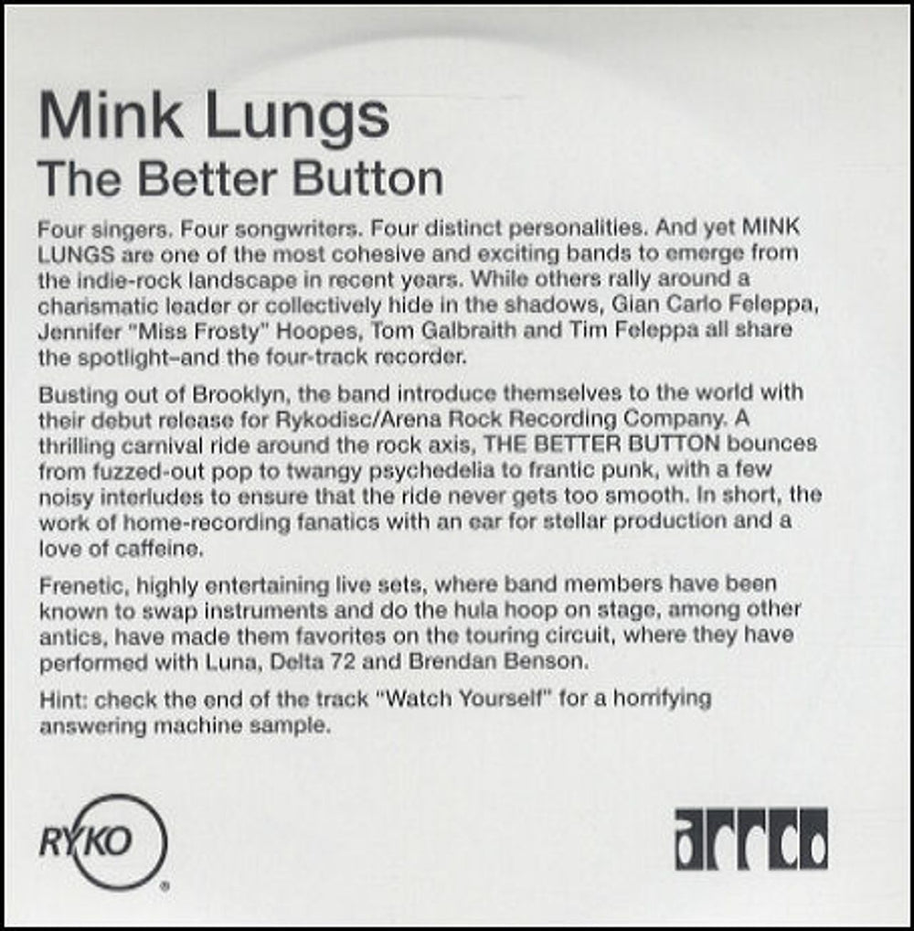 Mink Lungs The Better Button UK Promo CD album (CDLP) RCD16009ADV