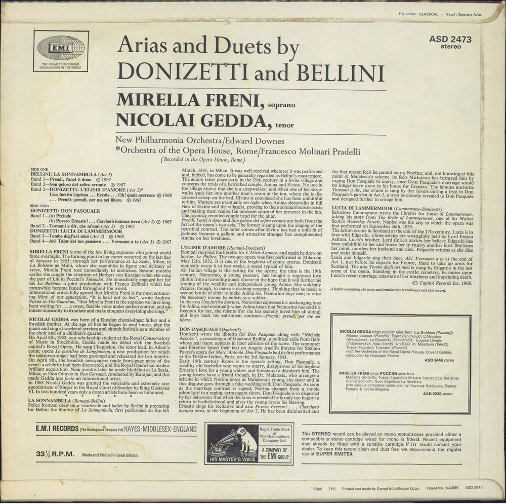 Mirella Freni & Nicolai Gedda Donizetti And Bellini: Arias And Duets UK vinyl LP album (LP record)