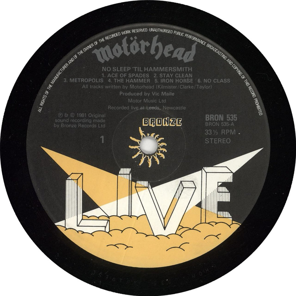 Motorhead No Sleep 'Til Hammersmith - Live Labels - EX UK vinyl LP album (LP record) MOTLPNO229004