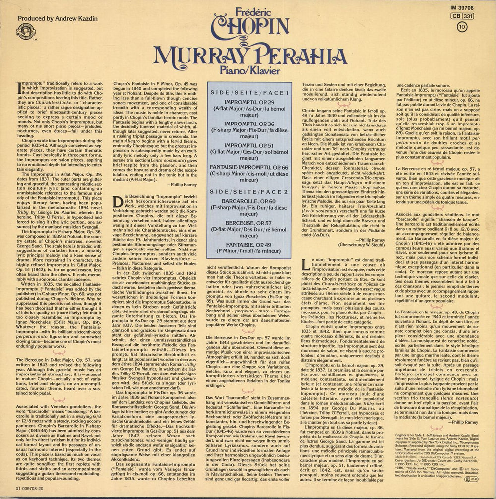 Murray Perahia Chopin: Impromoptus / Fantasie Op.49 / Barcarolle / Berceuse Dutch vinyl LP album (LP record)