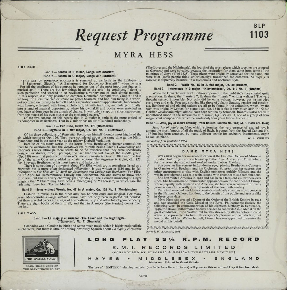 Myra Hess Request Programme UK 10" vinyl single (10 inch record)