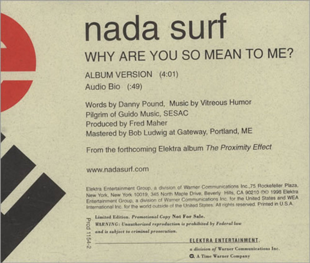 Nada Surf Why Are You So Mean To Me? US Promo CD single (CD5 / 5") PRCD-1154-2