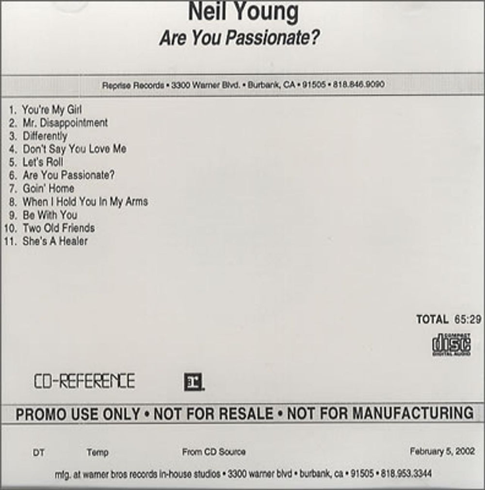 Neil Young Are You Passionate? US CD-R acetate CDR ACETATE