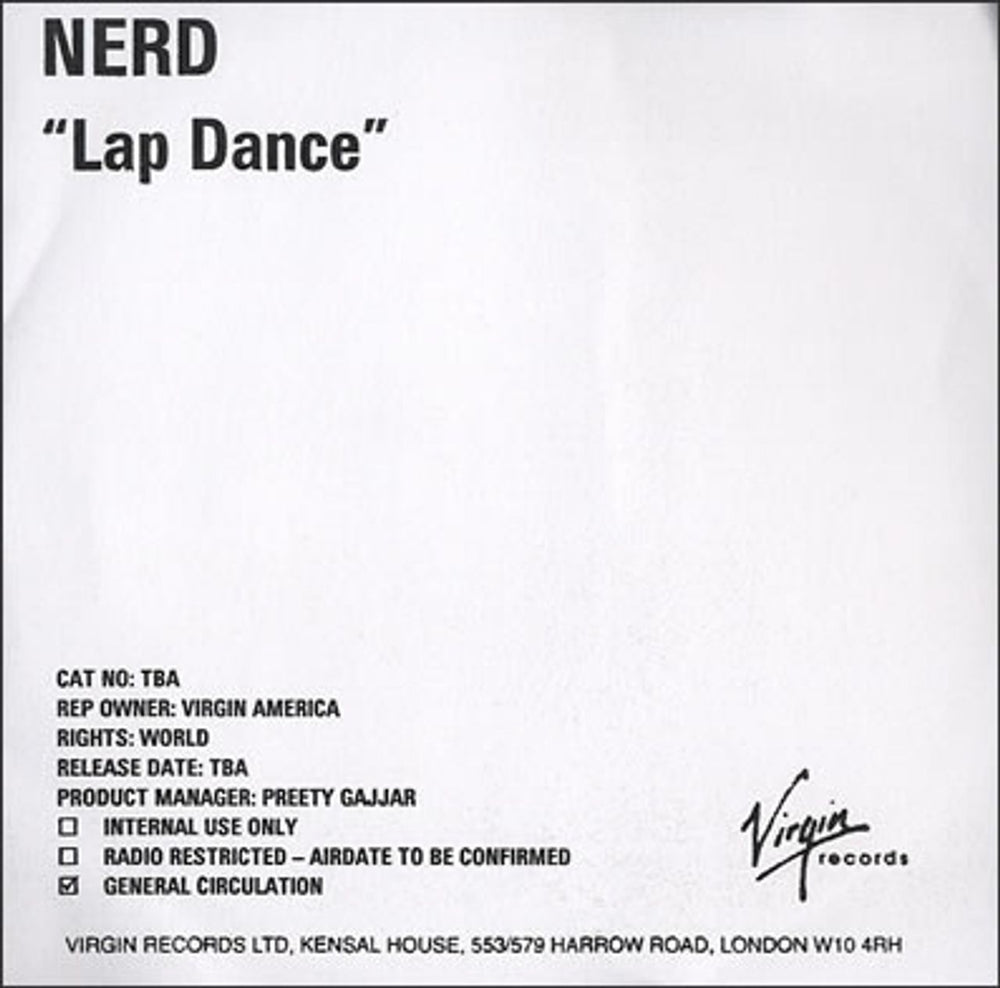 NERD Lap Dance UK Promo CD-R acetate CD ACETATE