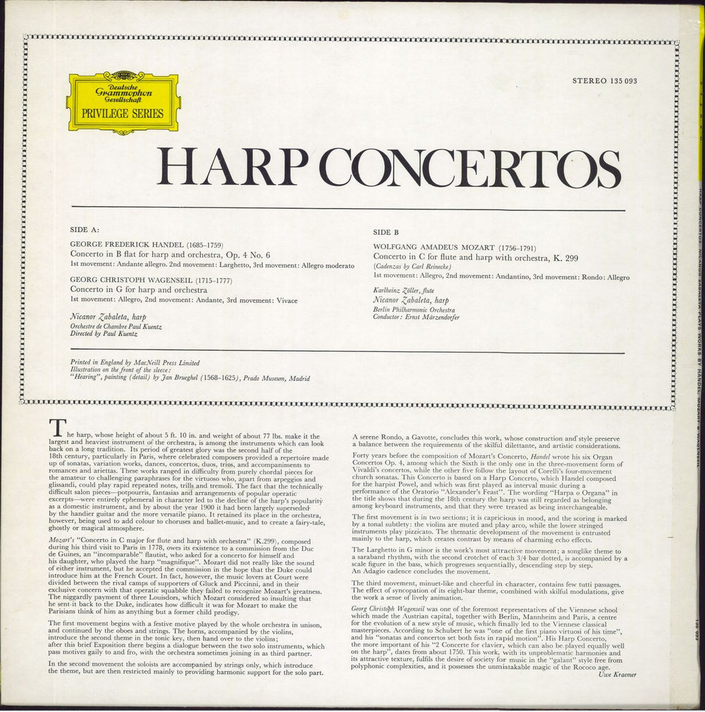 Nicanor Zabaleta Harp Concertos UK vinyl LP album (LP record)
