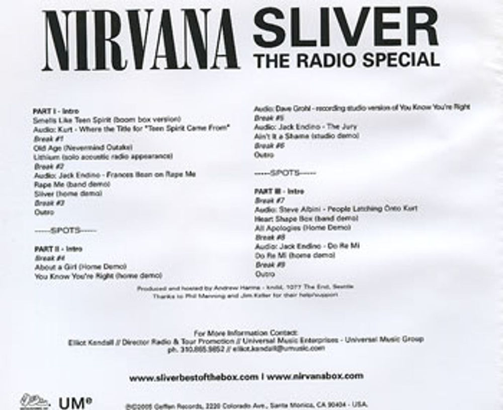 Nirvana (US) Sliver - The Radio Special US CD-R acetate CD-R ACETATE