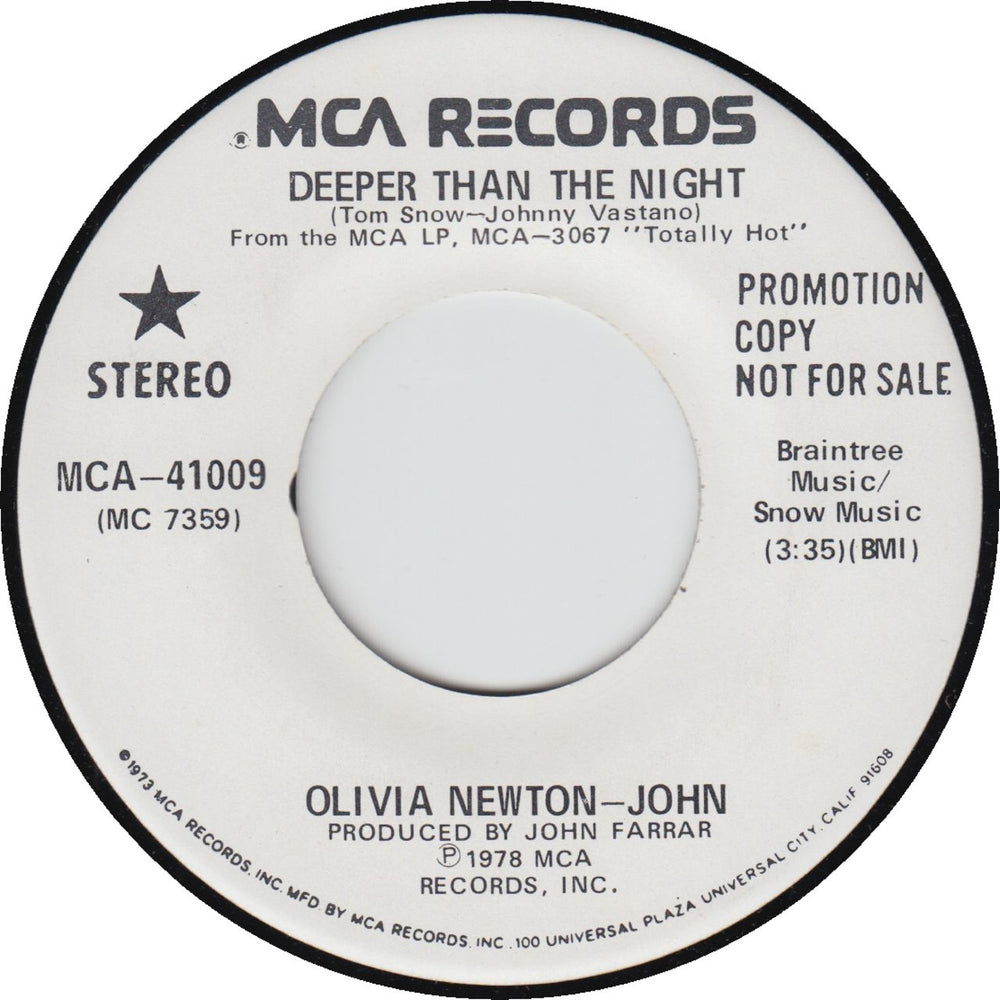 Olivia Newton John Deeper Than The Night US Promo 7" vinyl single (7 inch record / 45) MCA-41009