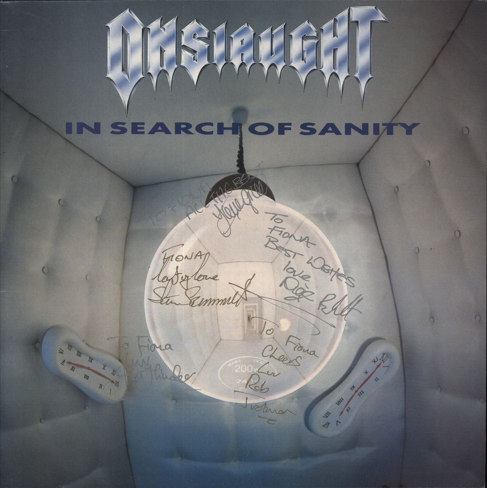 Onslaught In Search Of Sanity - Fully Autographed UK vinyl LP album (LP record) 828142-1