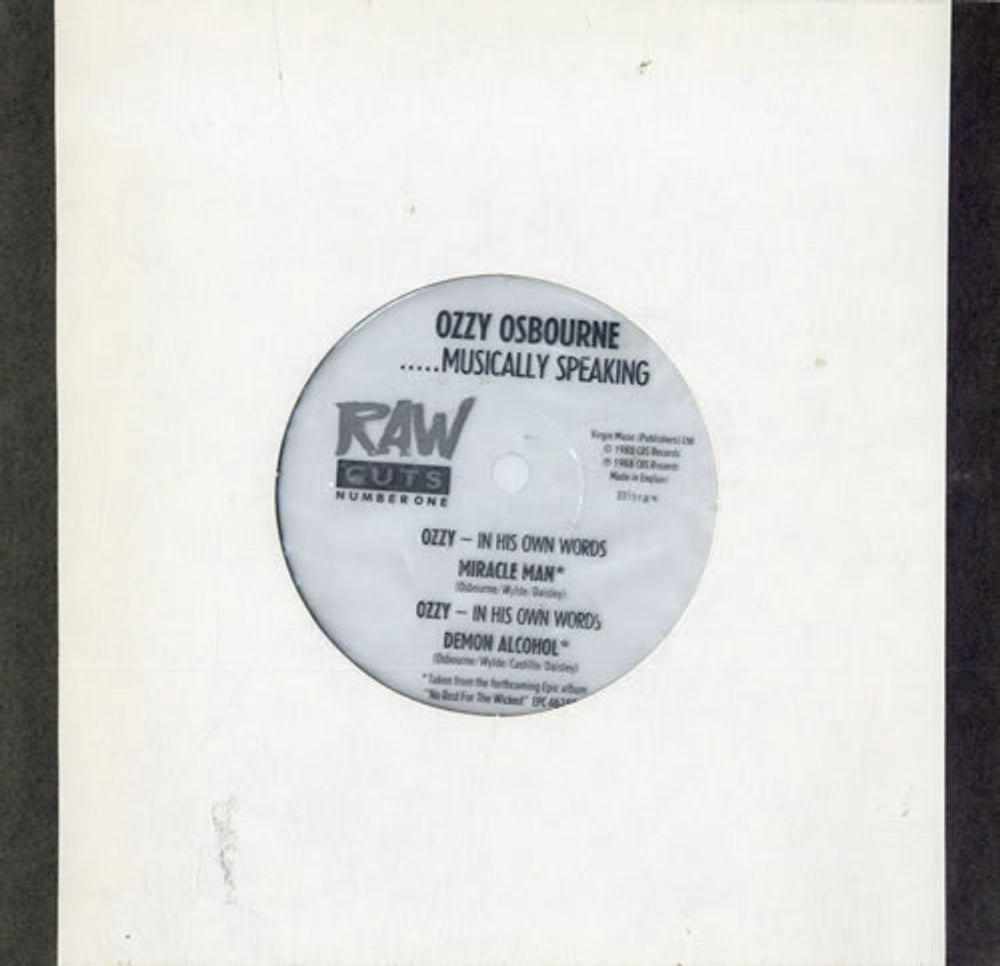 Ozzy Osbourne ... Musically Speaking - Raw Flexi UK Promo 7" vinyl single (7 inch record / 45) RAWCUTSNO1