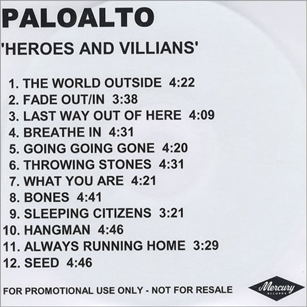 Paloalto Heroes And Villains UK Promo CD-R acetate CD-R ACETATE