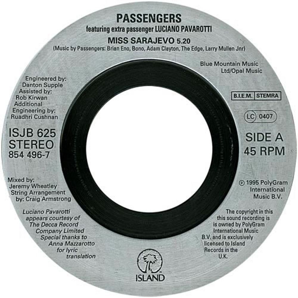 Passengers Miss Sarajevo - Jukebox UK 7" vinyl single (7 inch record / 45) ISJB625