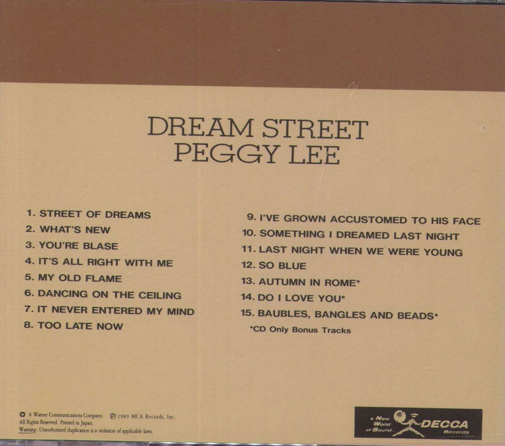 Peggy Lee Dream Street Japanese CD album (CDLP)