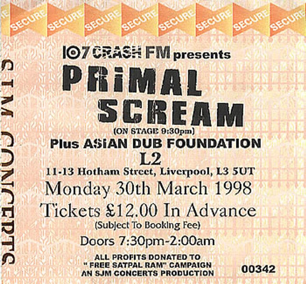 Primal Scream L2, Liverpool UK concert ticket USED TICKET