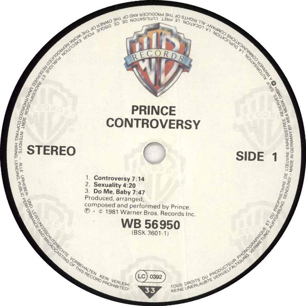 Prince Controversy German vinyl LP album (LP record)