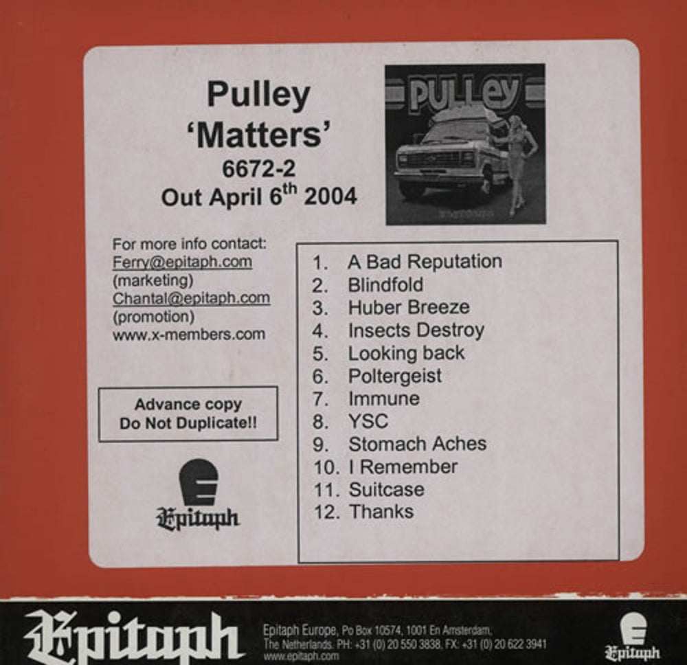 Pulley Matters European Promo CD album (CDLP) 6672-2