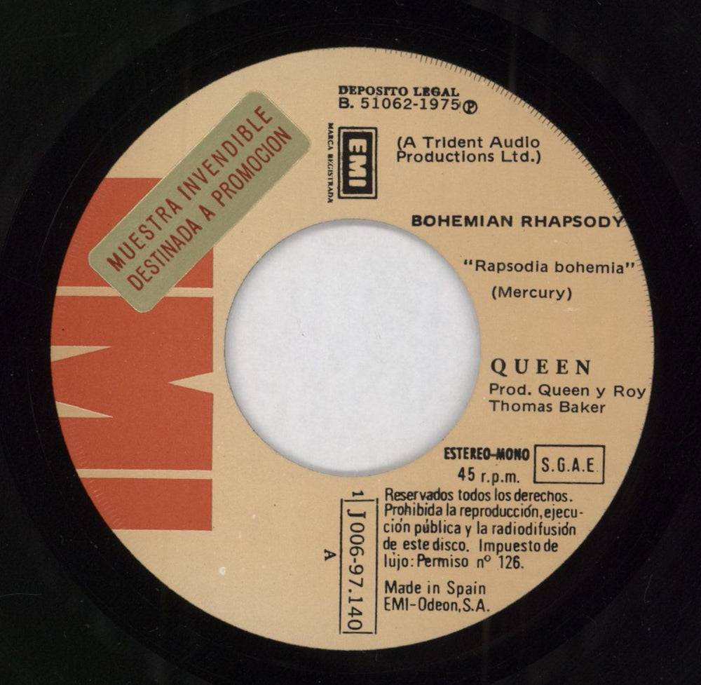 Queen Bohemian Rhapsody - Promo Stickered Spanish Promo 7" vinyl single (7 inch record / 45)