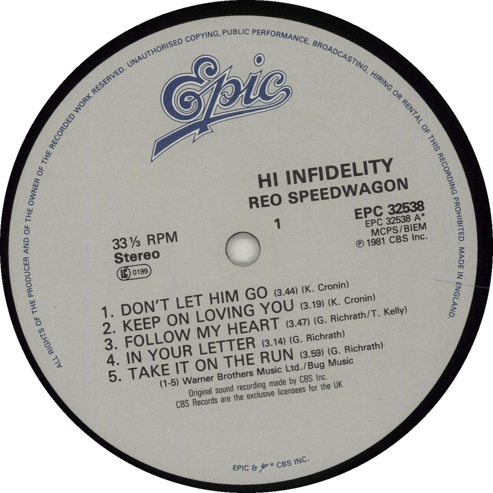 R.E.O. Speedwagon Hi Infidelity UK vinyl LP album (LP record) REOLPHI674987