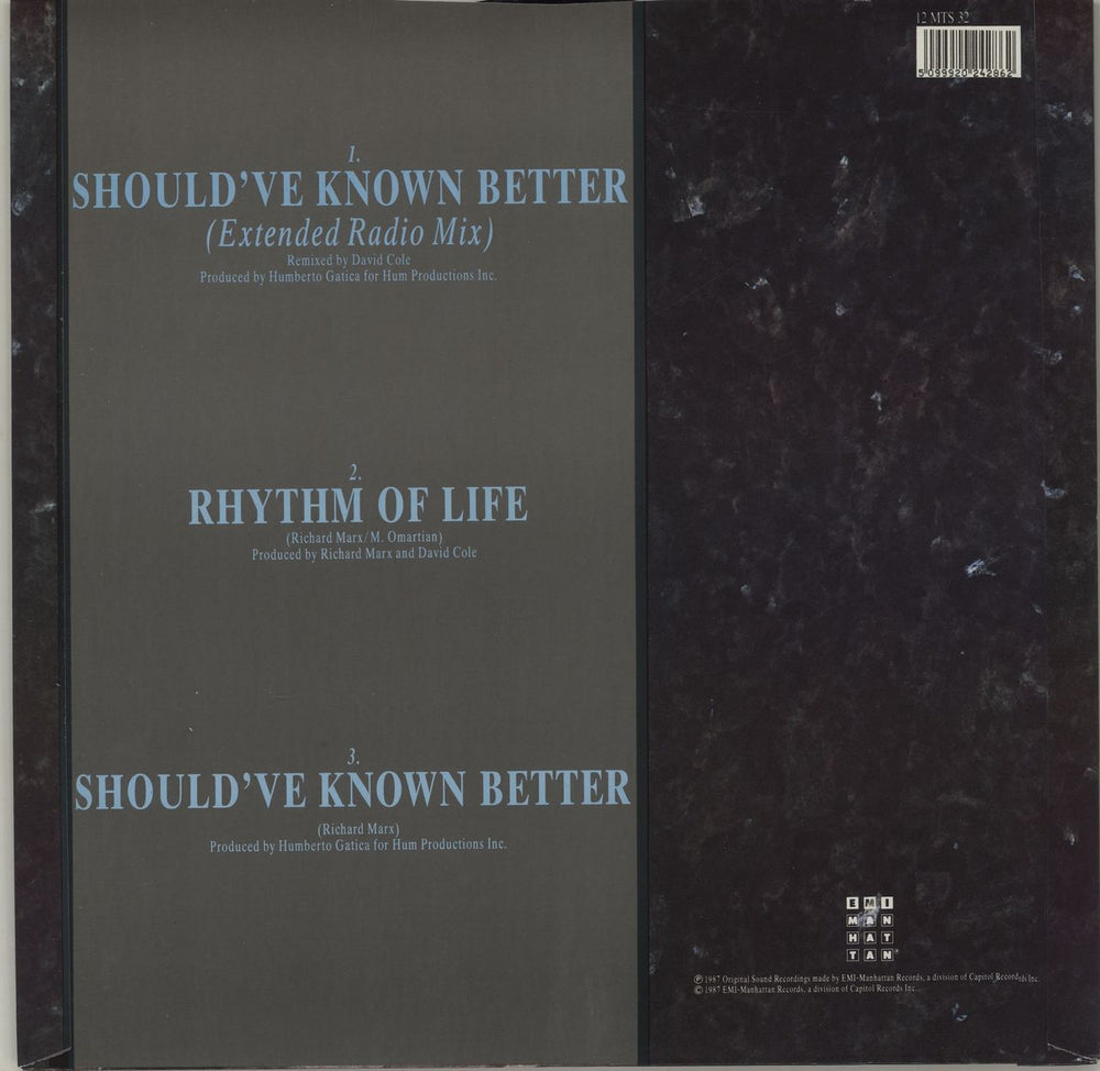 Richard Marx Should've Known Better - Engraved UK 12" vinyl single (12 inch record / Maxi-single) MRX12SH24365