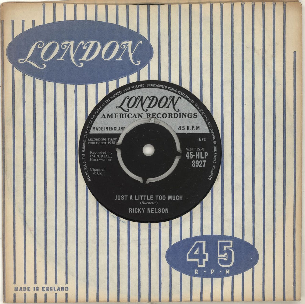 Ricky Nelson Just A Little Too Much - 2nd UK 7" vinyl single (7 inch record / 45) 45-HLP8927