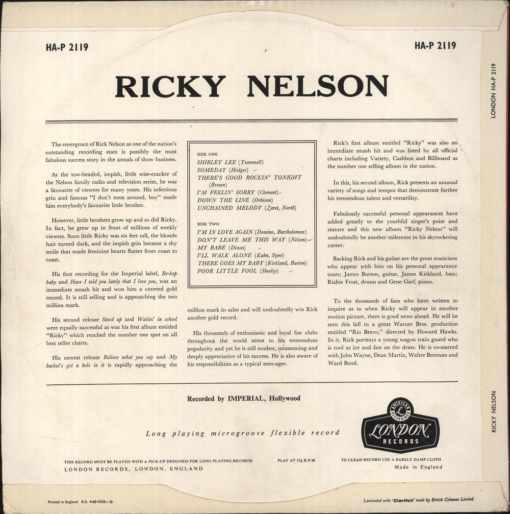 Ricky Nelson Ricky Nelson UK vinyl LP album (LP record)