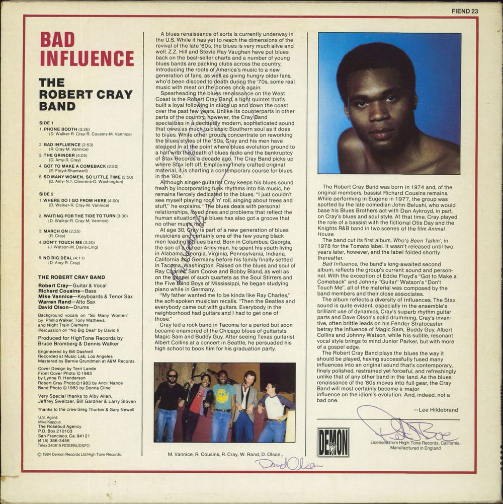 Robert Cray Bad Influence - Autographed UK vinyl LP album (LP record) 5014757030239