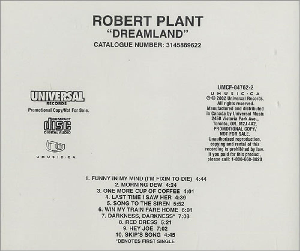 Robert Plant Dreamland Canadian Promo CD album (CDLP) PLACDDR227995