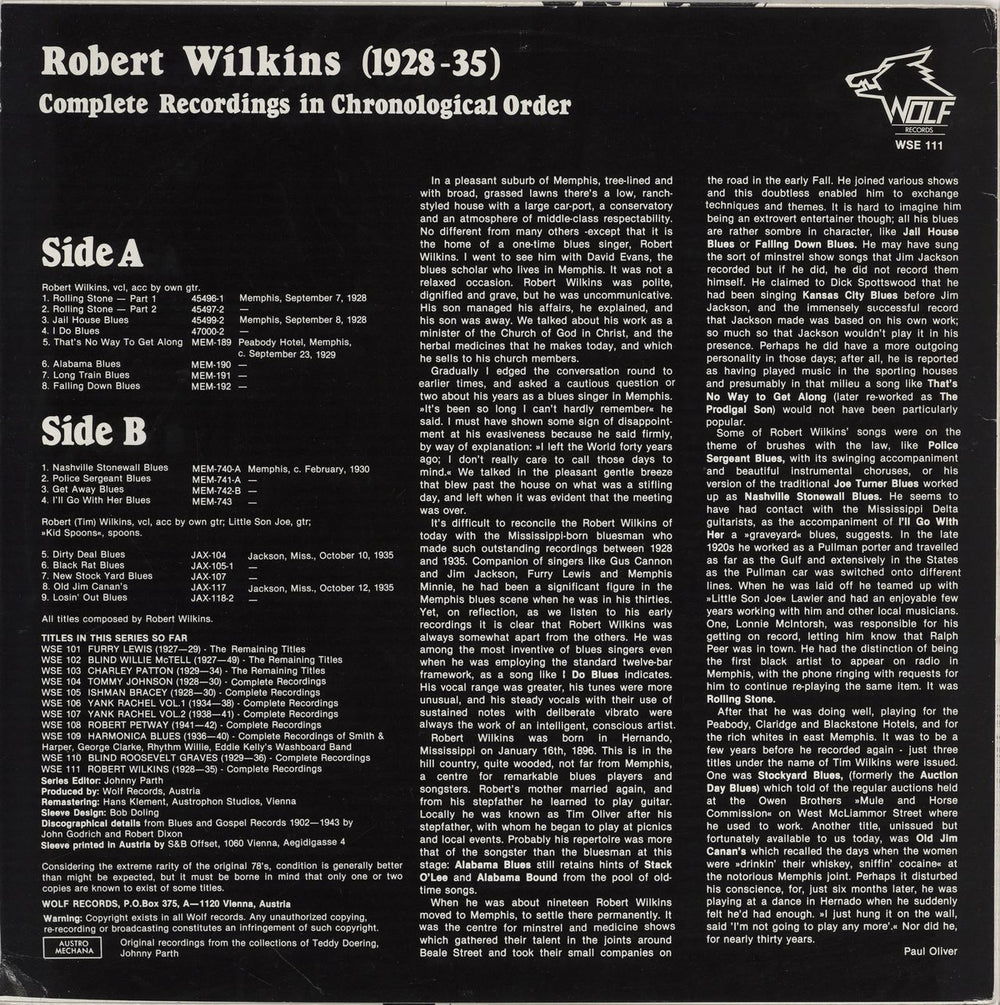 Robert Wilkins Complete Recordings In Chronological Order - 1928-35 Australian vinyl LP album (LP record)