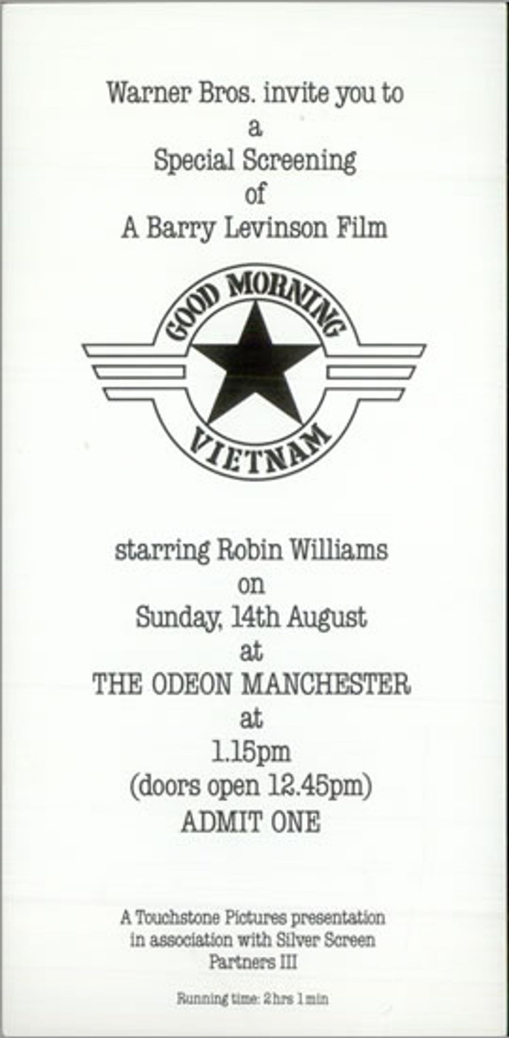 Robin Williams Good Morning Vietnam UK Promo memorabilia INVITATION