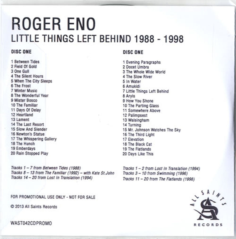 Roger Eno Little Things Left Behind 1988-1998 UK Promo 2 CD album set (Double CD) ERN2CLI598118