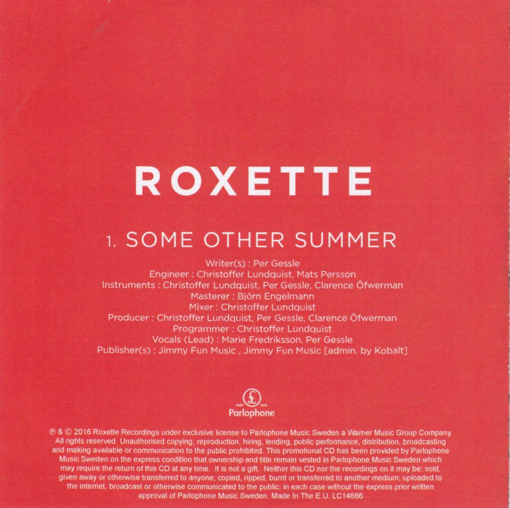 Roxette Some Other Summer UK Promo CD-R acetate ROXCRSO691103