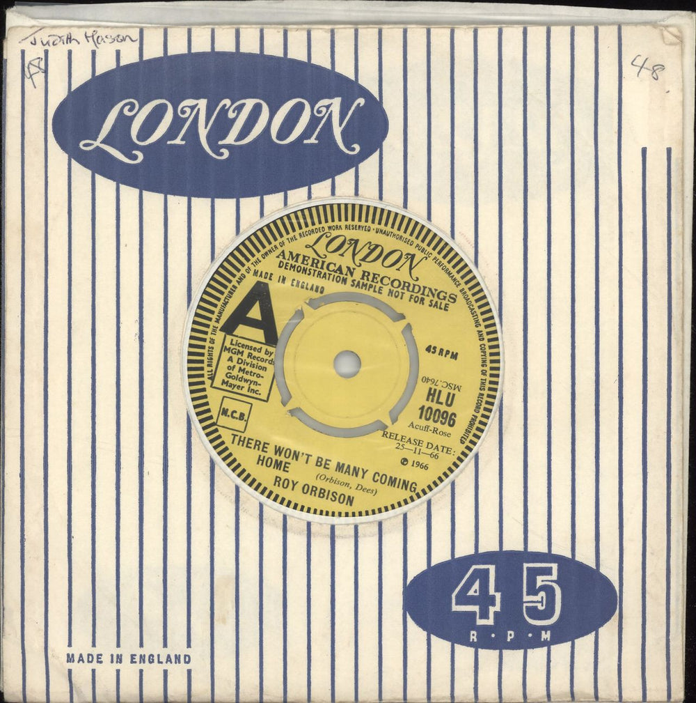 Roy Orbison There Won't Be Many Coming Home - Demo UK Promo 7" vinyl single (7 inch record / 45) HLU10096