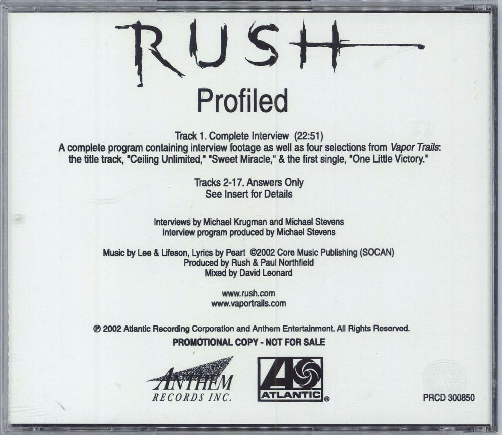 Rush Profiled US Promo CD album (CDLP)