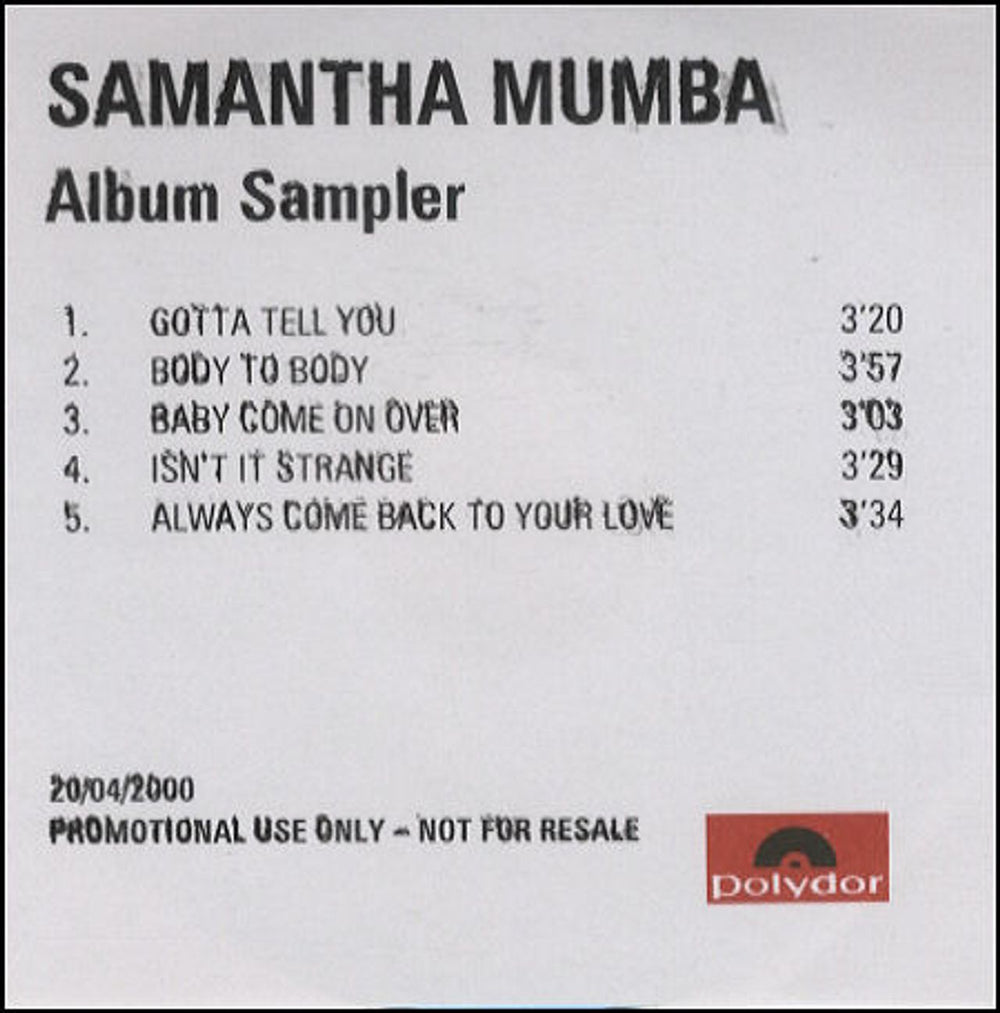 Samantha Mumba Album Sampler UK Promo CD-R acetate CD ACETATE