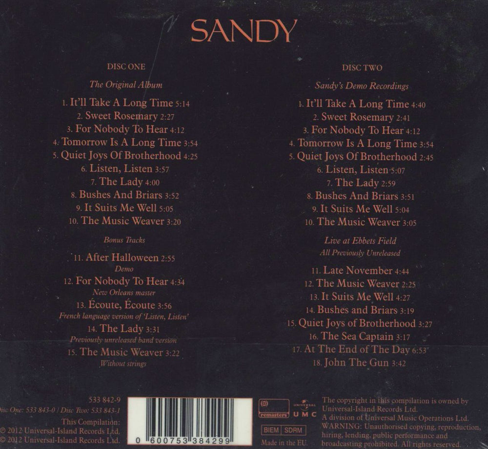 Sandy Denny Sandy: Deluxe Edition - Sealed UK 2 CD album set (Double CD) 600753384299