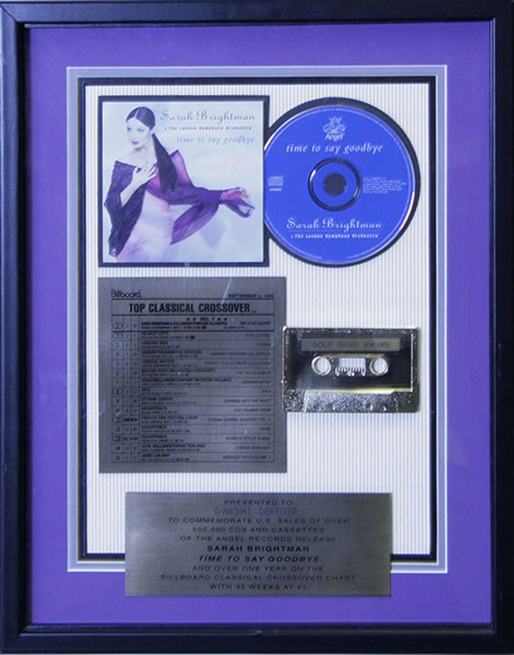 Sarah Brightman Time To Say Goodbye US award disc GOLD AWARD